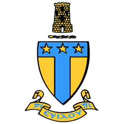 Yellow and blue colored symbol with cylindrical image on the top.